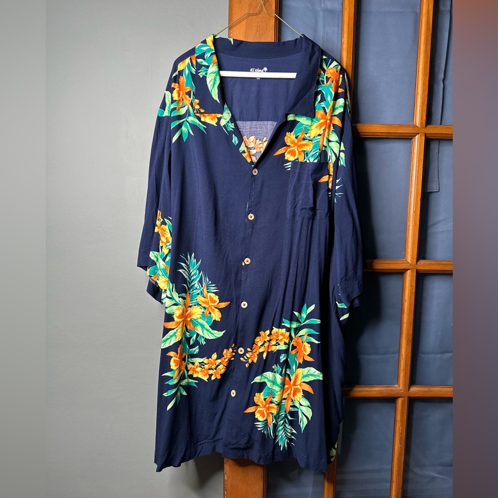 KS Island Dark Blue Floral Button Down Short Sleeve Collared Shirt 4XL Tall
